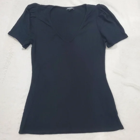 Set Of 3 Tops Express Red/Orange, Black & Green Ribbed V-Neck, Puff Sleeves Med - Picture 7 of 11